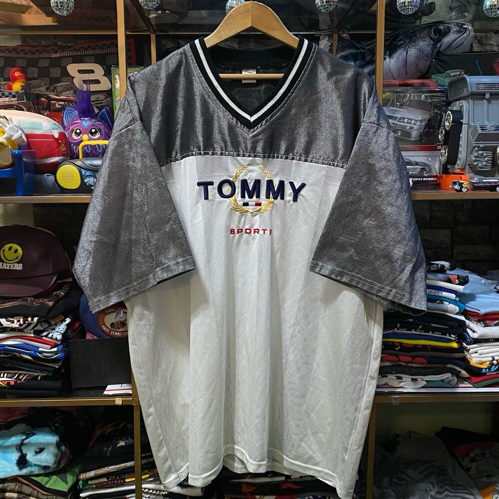 Vintage 90s Tommy Sports Mesh Jersey Embroidered Spellout White Silver Mens XL